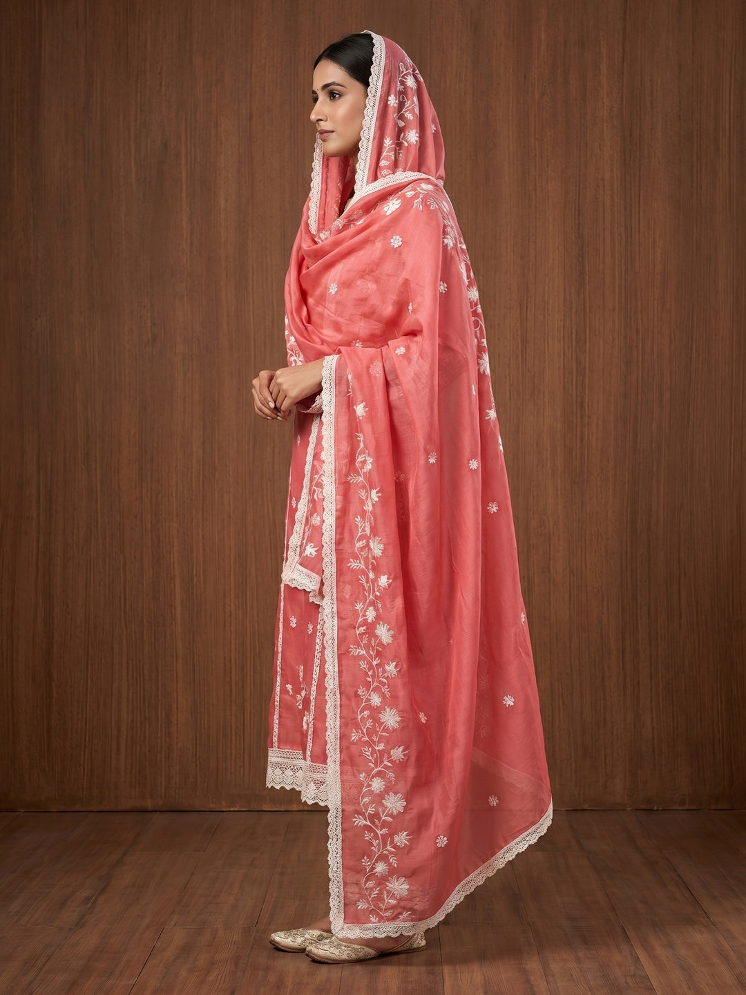 Gajari Pink Floral Embroidered Chanderi Cotton Dress Material - Image 3