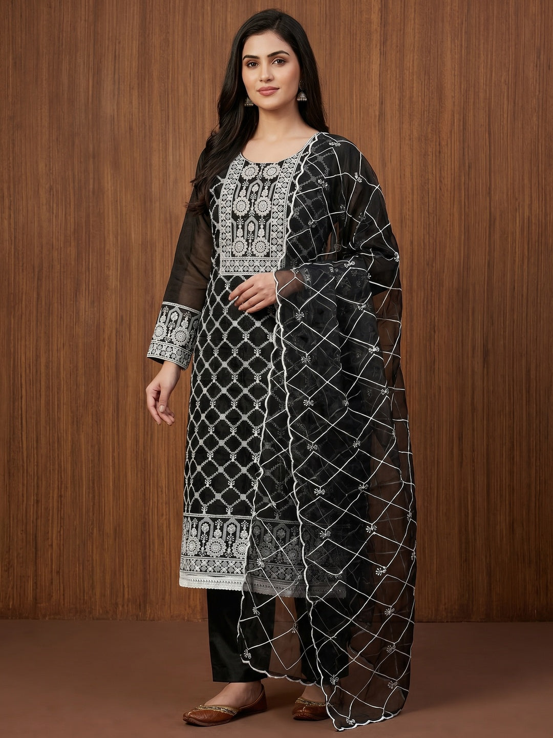 Black Floral Embroidered Organza Dress Material - Image 1
