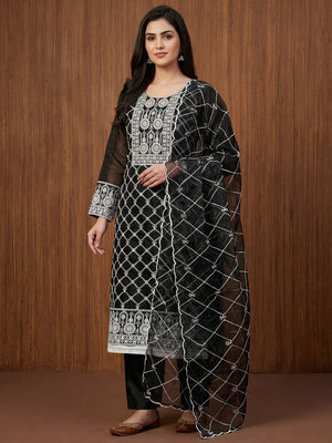 Black Floral Embroidered Organza Dress Material - Image 1