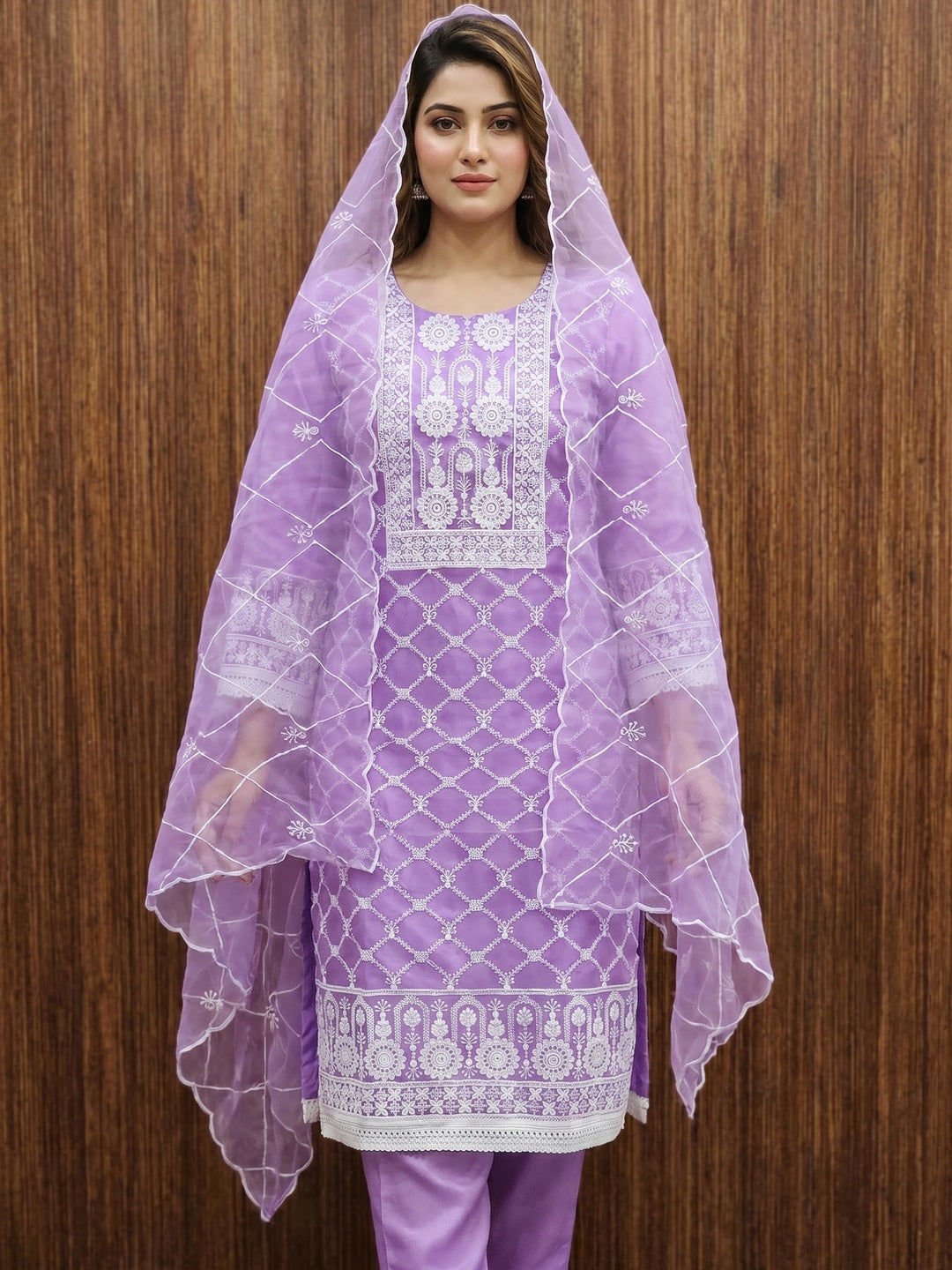 Lavender Floral Embroidered Organza Dress Material - Image 1