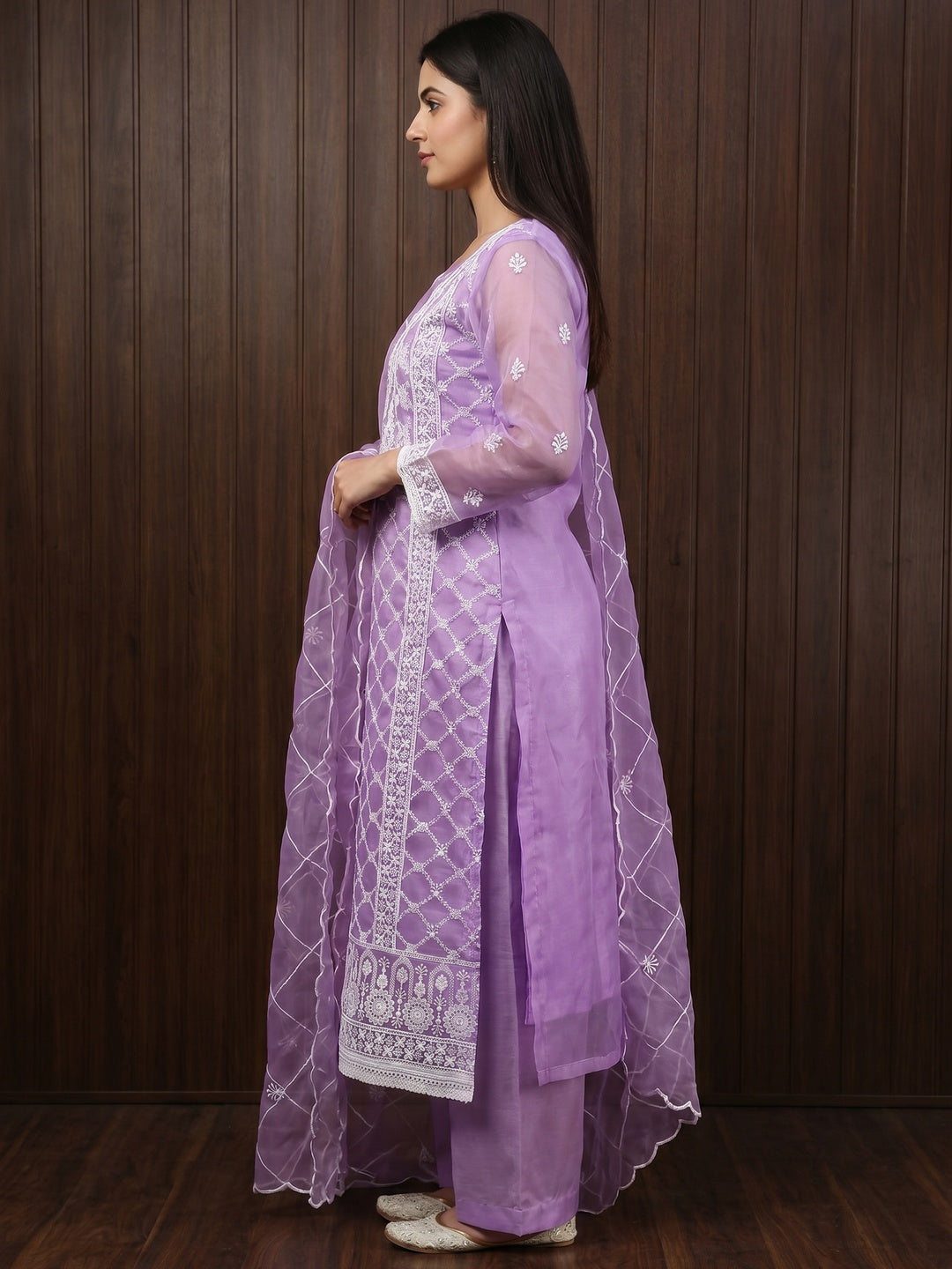 Lavender Floral Embroidered Organza Dress Material - Image 2