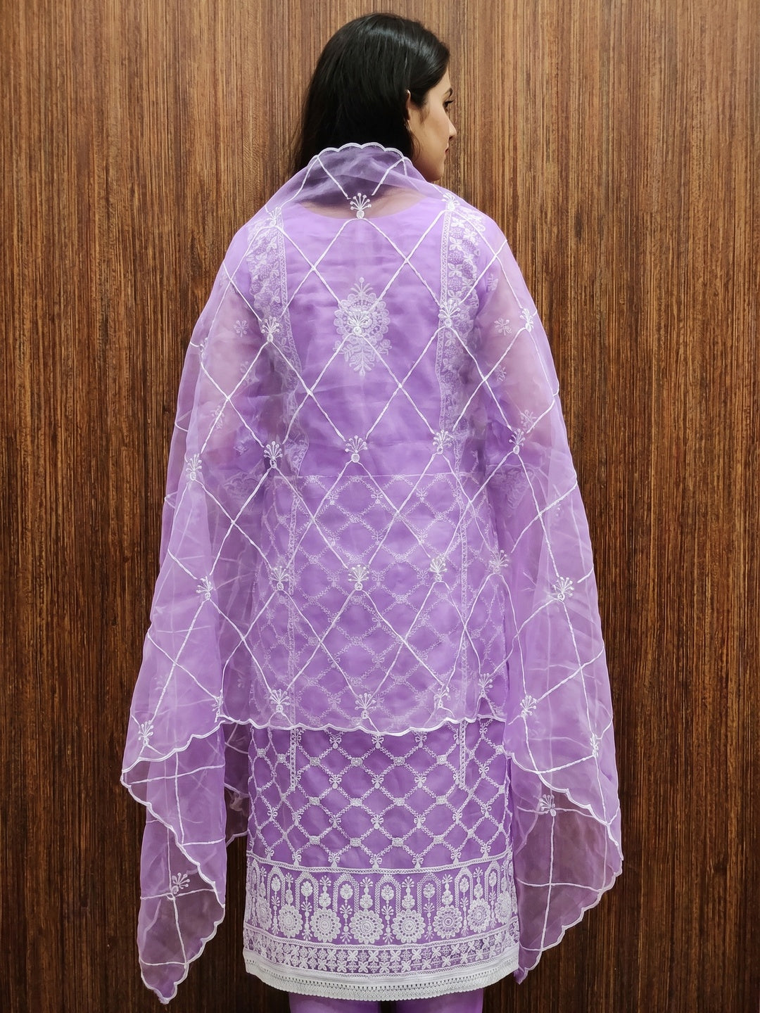 Lavender Floral Embroidered Organza Dress Material - Image 3