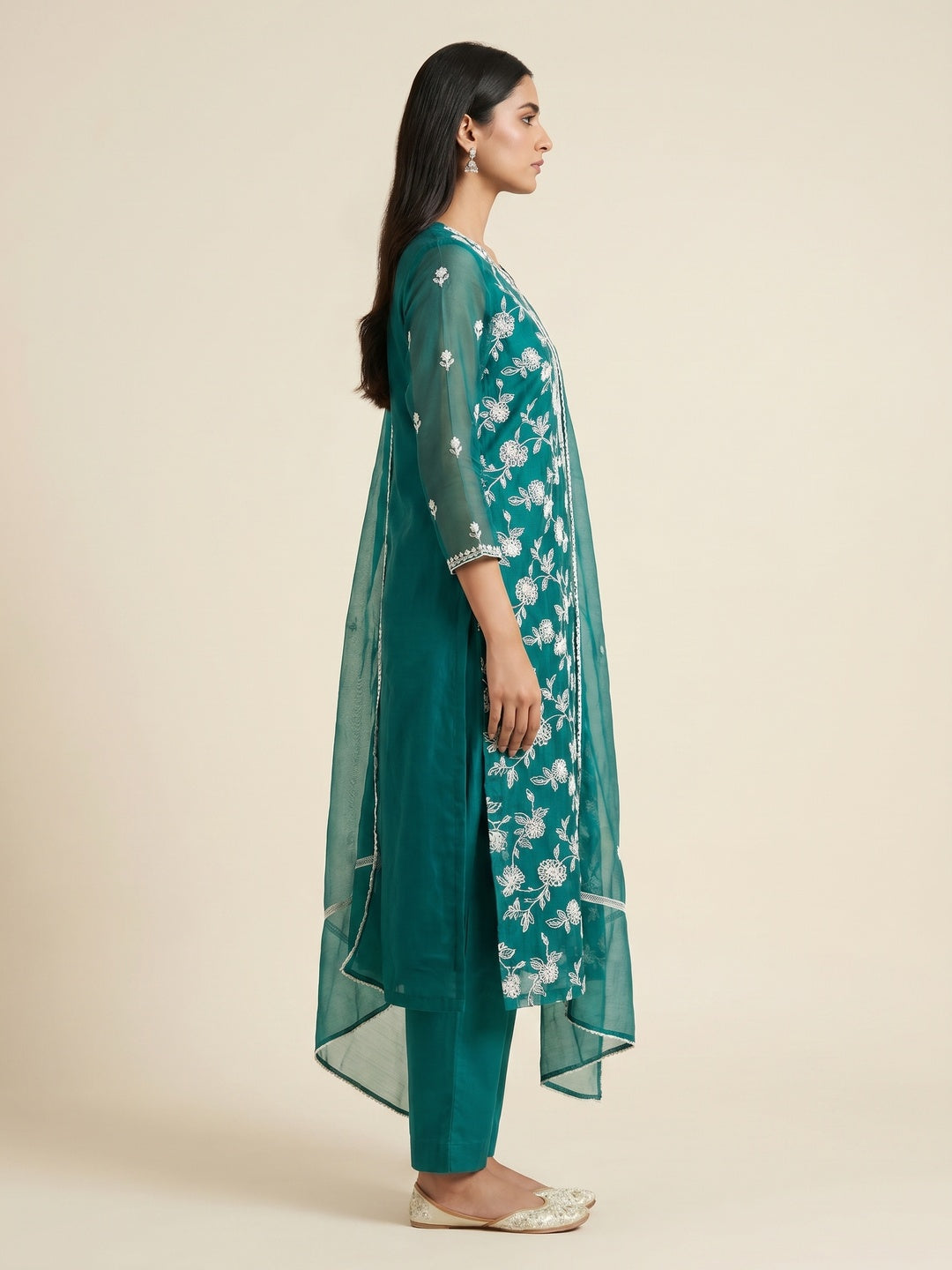 Rama Green Floral Embroidered Organza Dress Material - Image 3