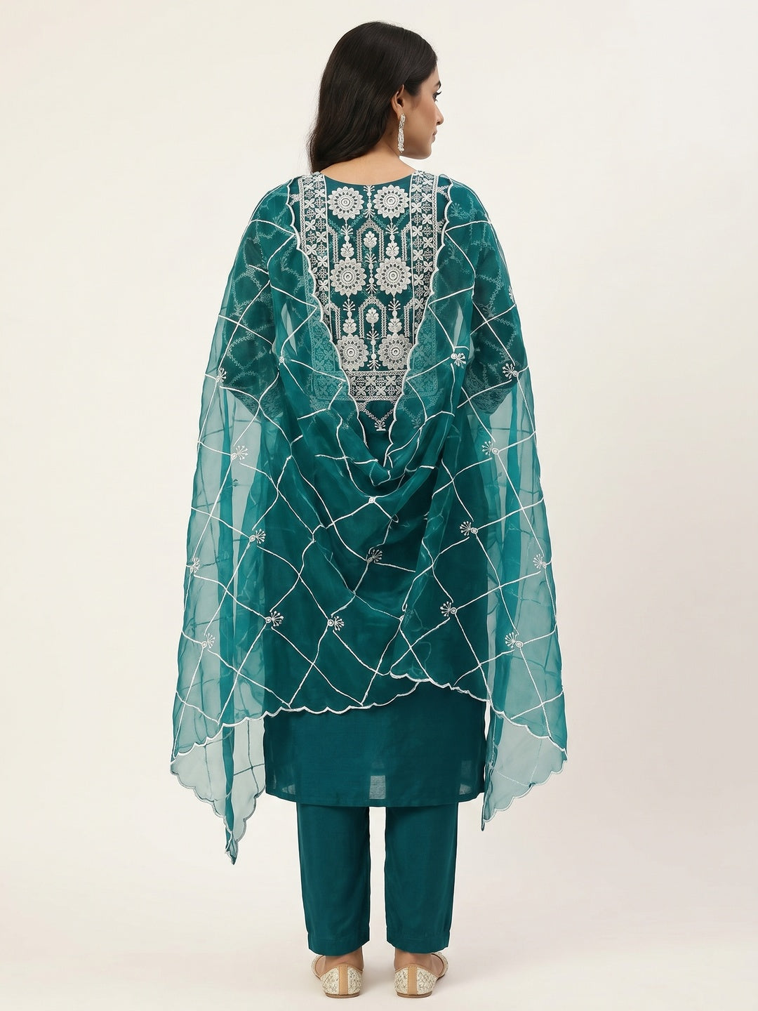 Rama Green Floral Embroidered Organza Dress Material - Image 2