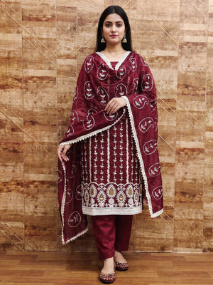 Maroon Floral Embroidered Chanderi Cotton Dress Material - Image 1