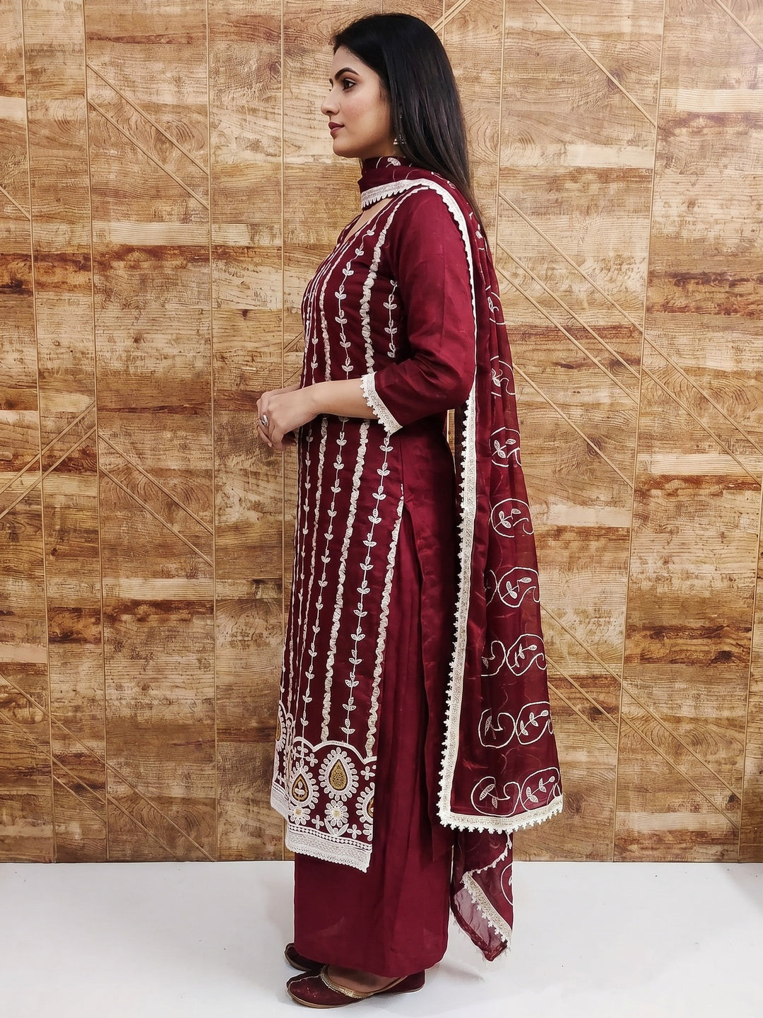 Maroon Floral Embroidered Chanderi Cotton Dress Material - Image 3