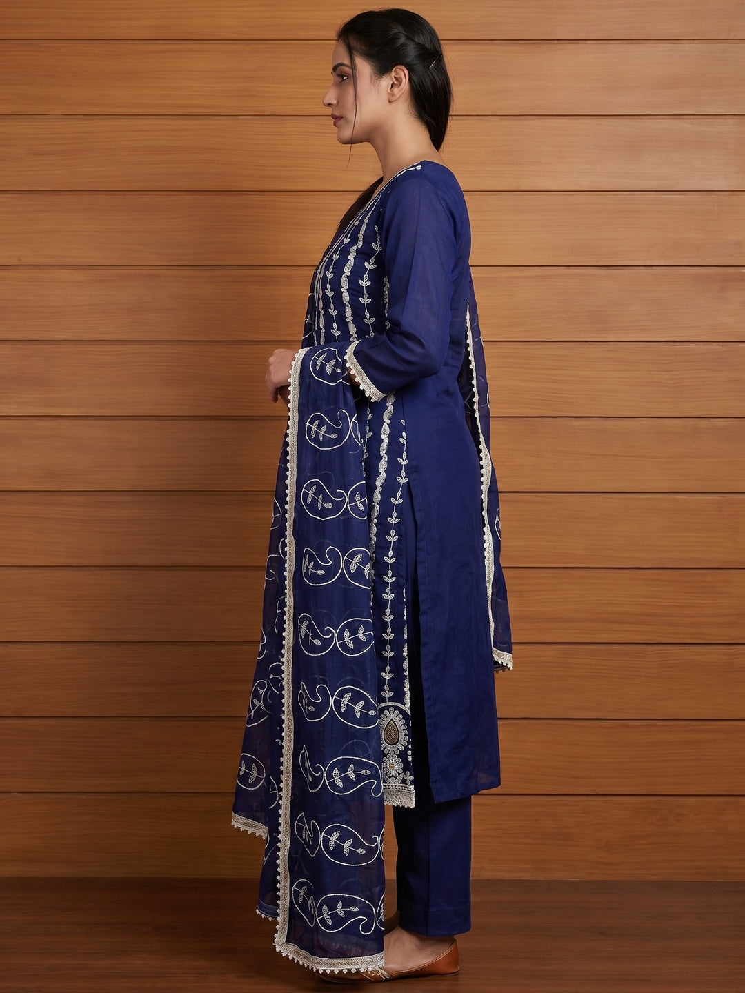 Blue Floral Embroidered Chanderi Cotton Dress Material - Image 2