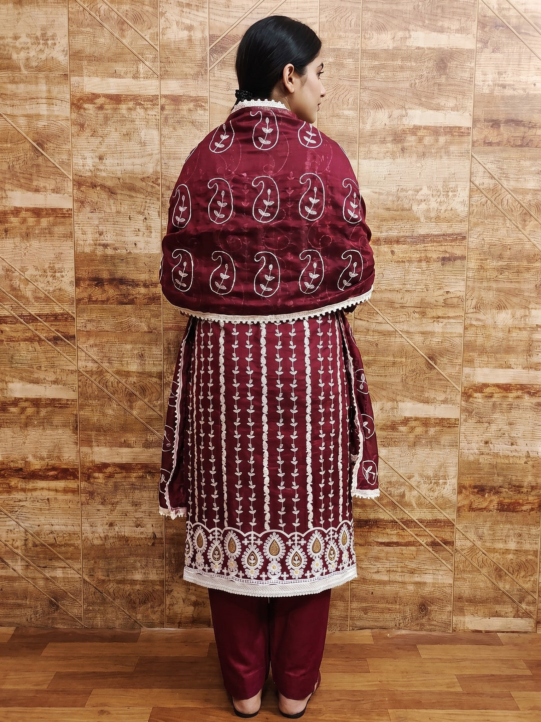 Maroon Floral Embroidered Chanderi Cotton Dress Material - Image 2