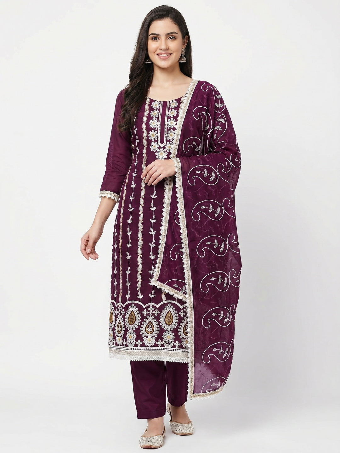 Wine Floral Embroidered Chanderi Cotton Dress Material - Image 1