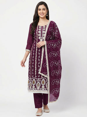Wine Floral Embroidered Chanderi Cotton Dress Material - Image 1