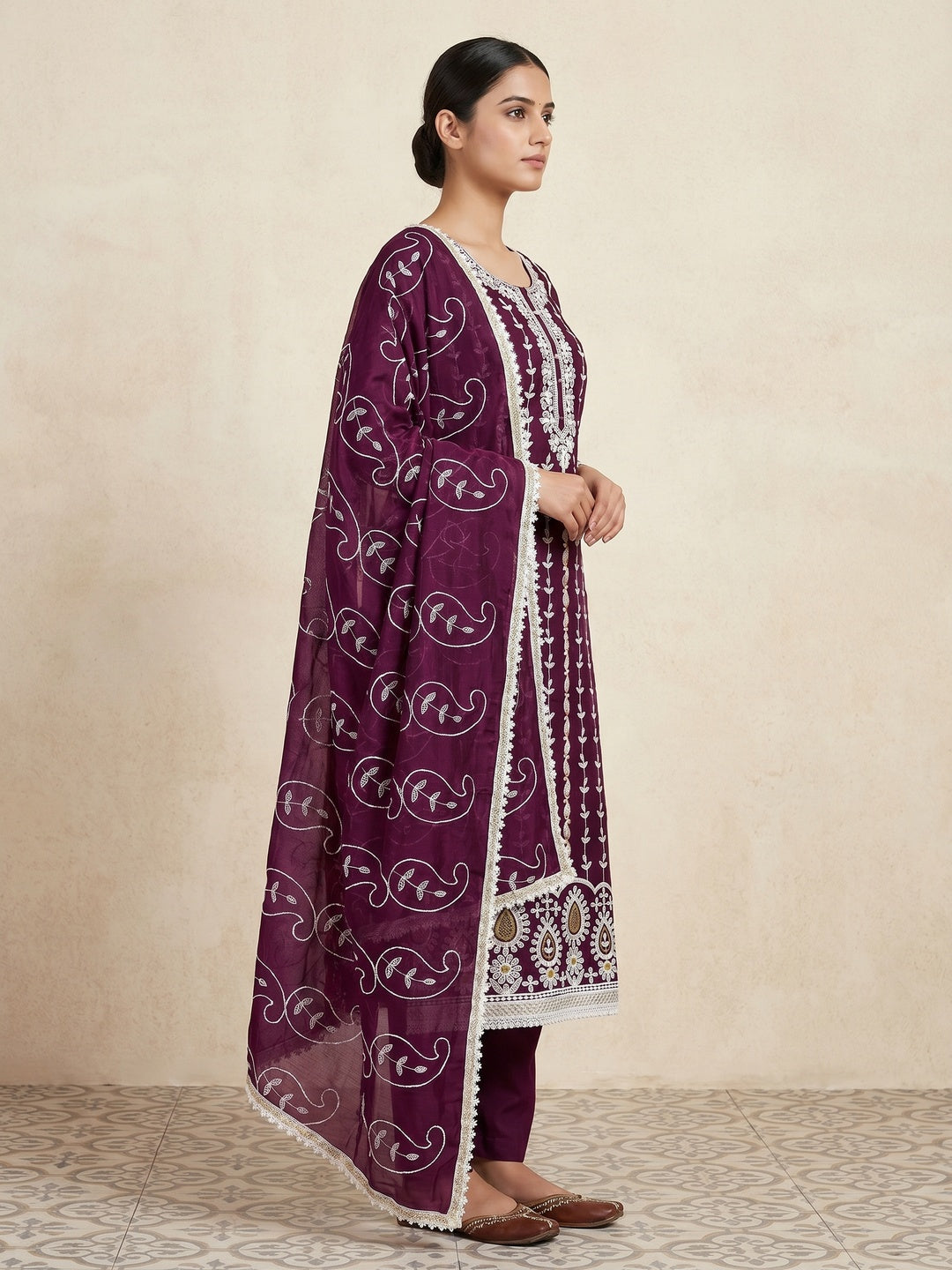 Wine Floral Embroidered Chanderi Cotton Dress Material - Image 3