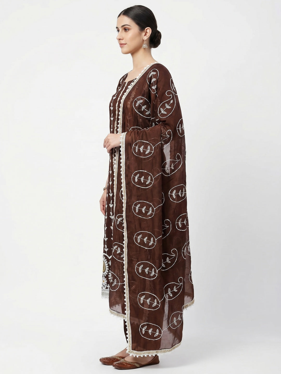 Brown Floral Embroidered Chanderi Cotton Dress Material - Image 2