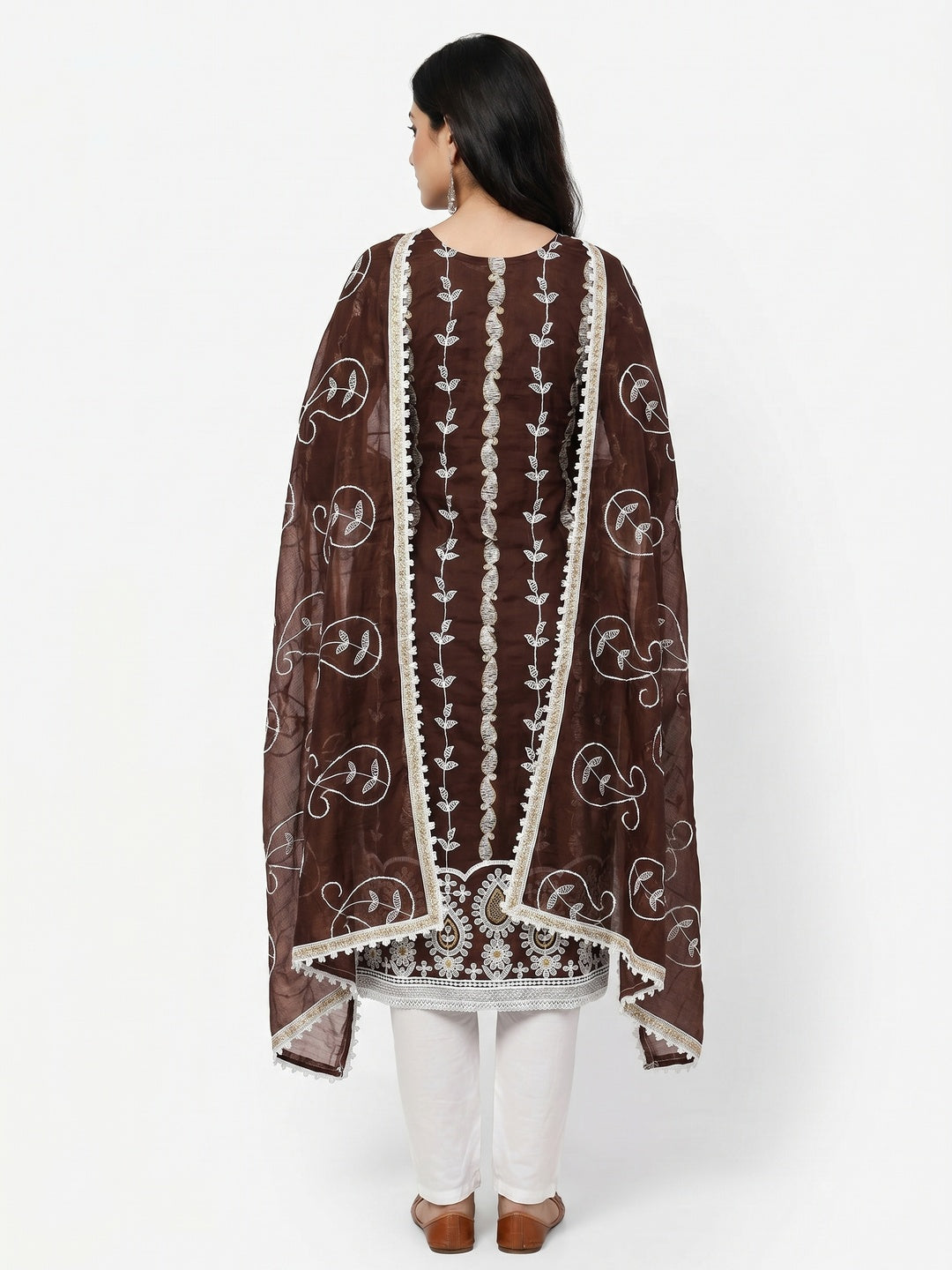 Brown Floral Embroidered Chanderi Cotton Dress Material - Image 3