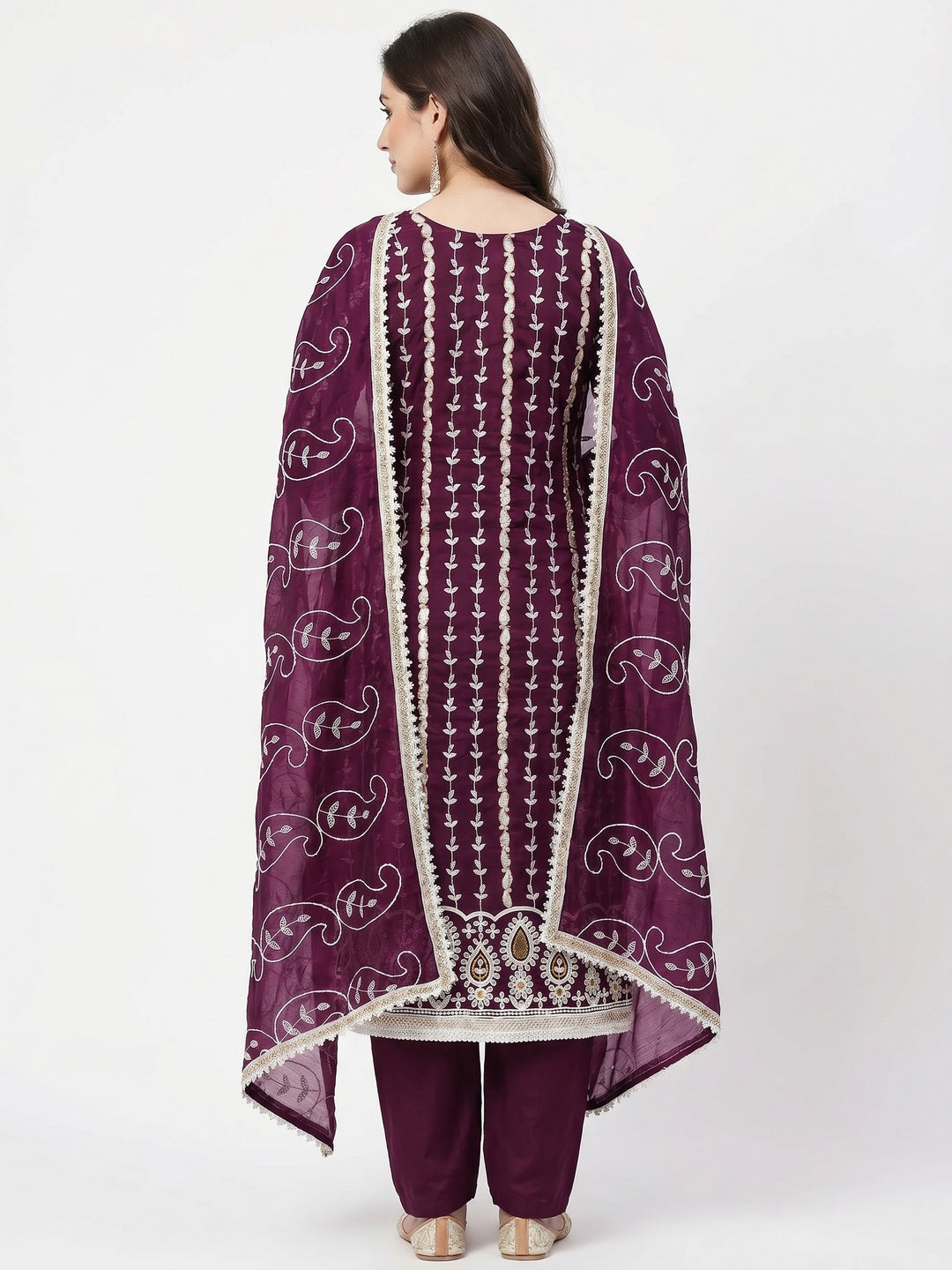 Wine Floral Embroidered Chanderi Cotton Dress Material - Image 2