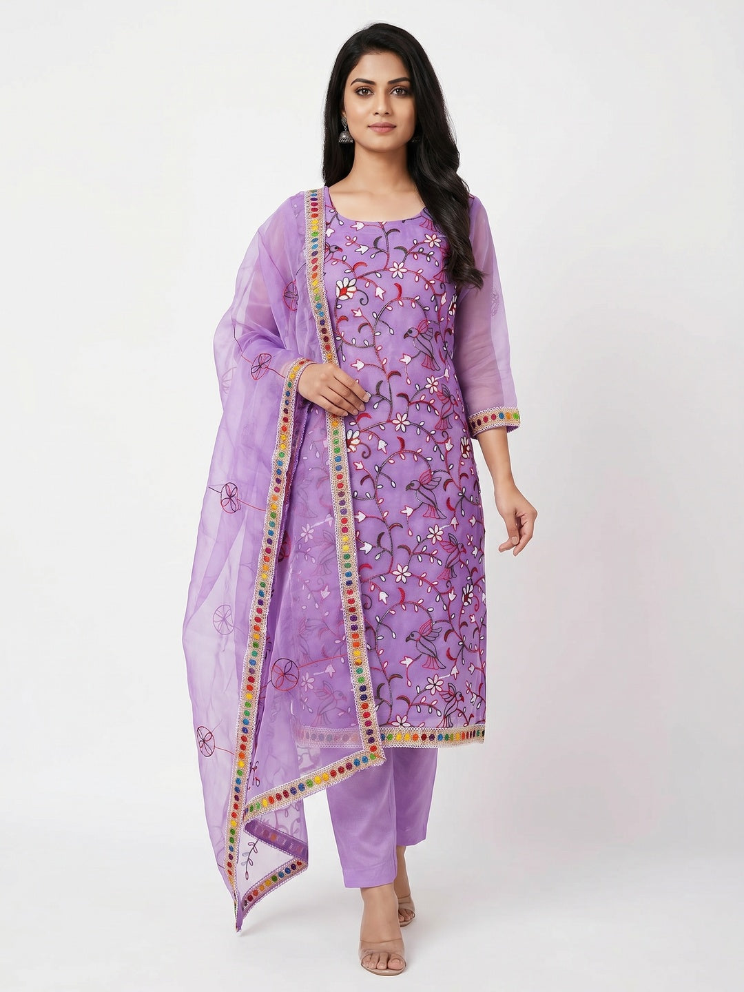 Lavender Floral Embroidered Organza Dress Material - Image 1