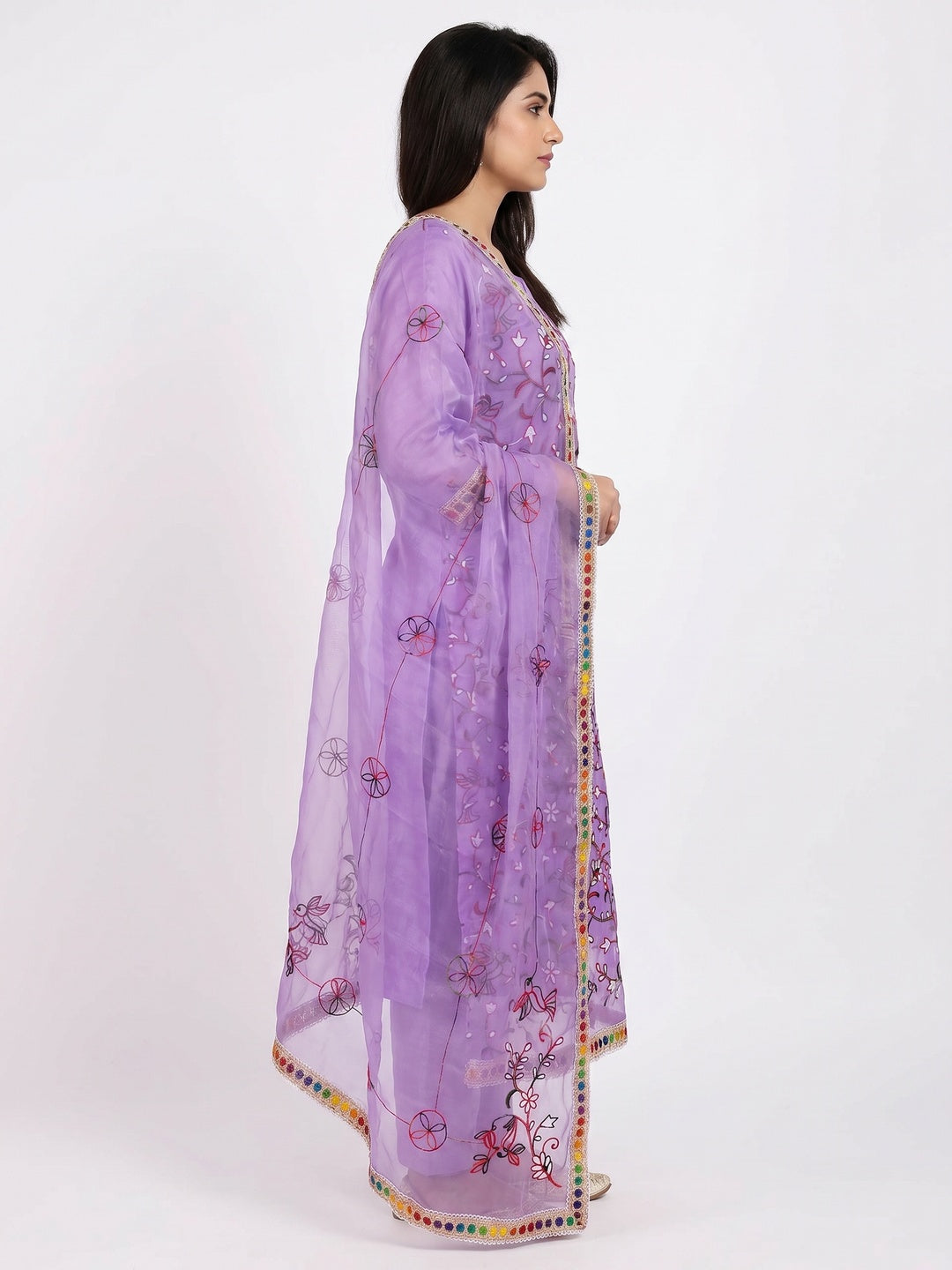 Lavender Floral Embroidered Organza Dress Material - Image 2