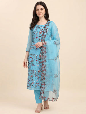 Blue Floral Embroidered Organza Dress Material - Image 1