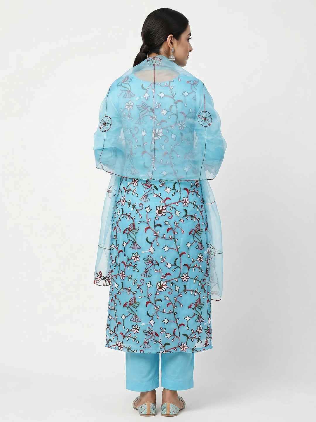 Blue Floral Embroidered Organza Dress Material - Image 3