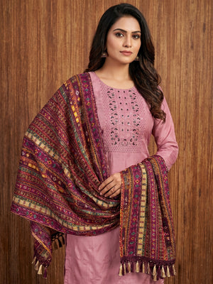Pink Floral Sequins Embroidered Cotton Silk Dress Material - Image 1