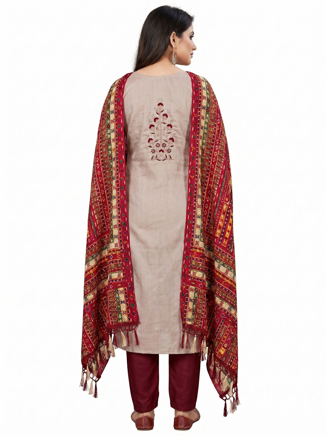 Beige Floral Sequins Embroidered Cotton Silk Dress Material - Image 3