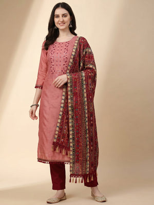 Gajari Pink Floral Sequins Embroidered Cotton Silk Dress Material - Image 1