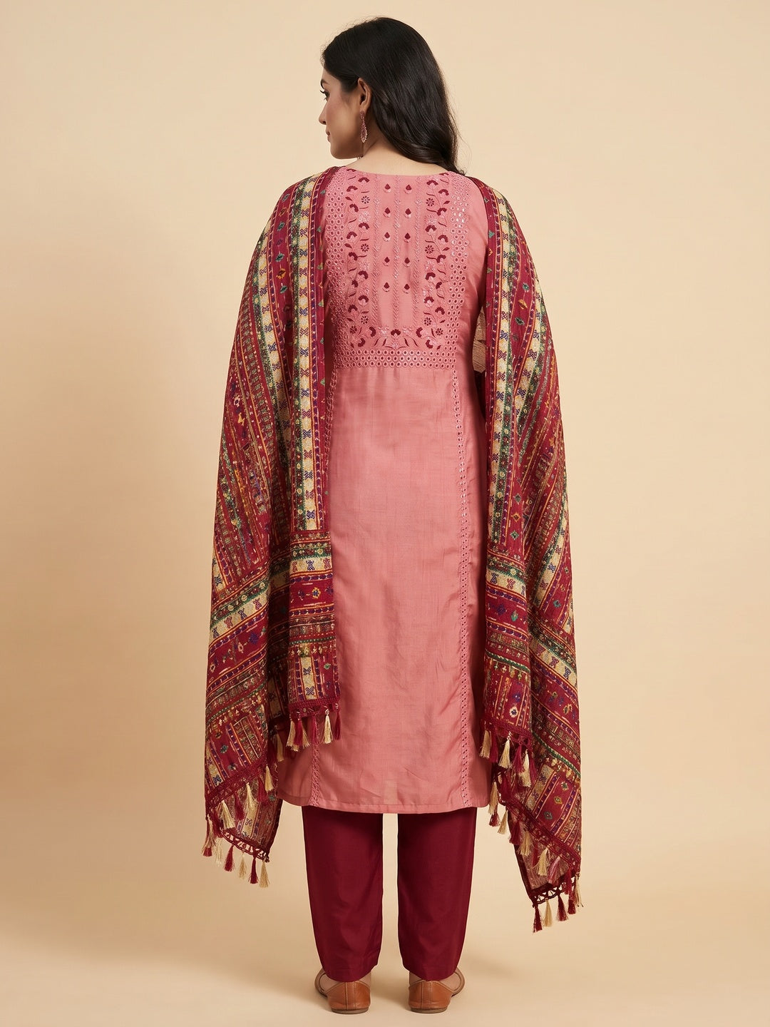 Gajari Pink Floral Sequins Embroidered Cotton Silk Dress Material - Image 3