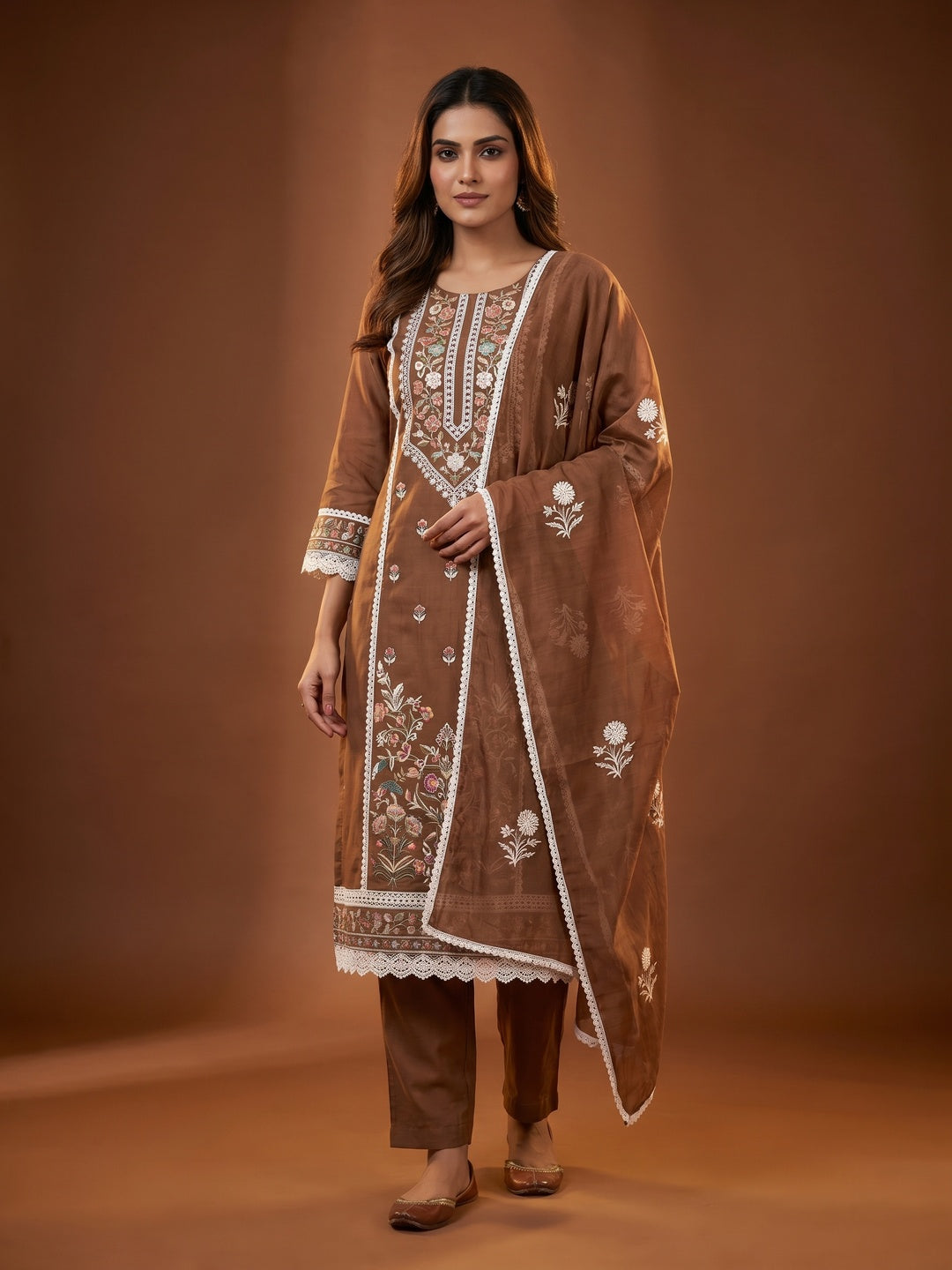 Brown Floral Embroidered Chanderi Cotton Dress Material - Image 1