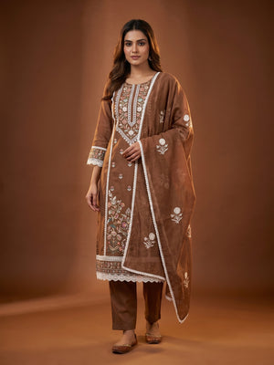 Brown Floral Embroidered Chanderi Cotton Dress Material - Image 1