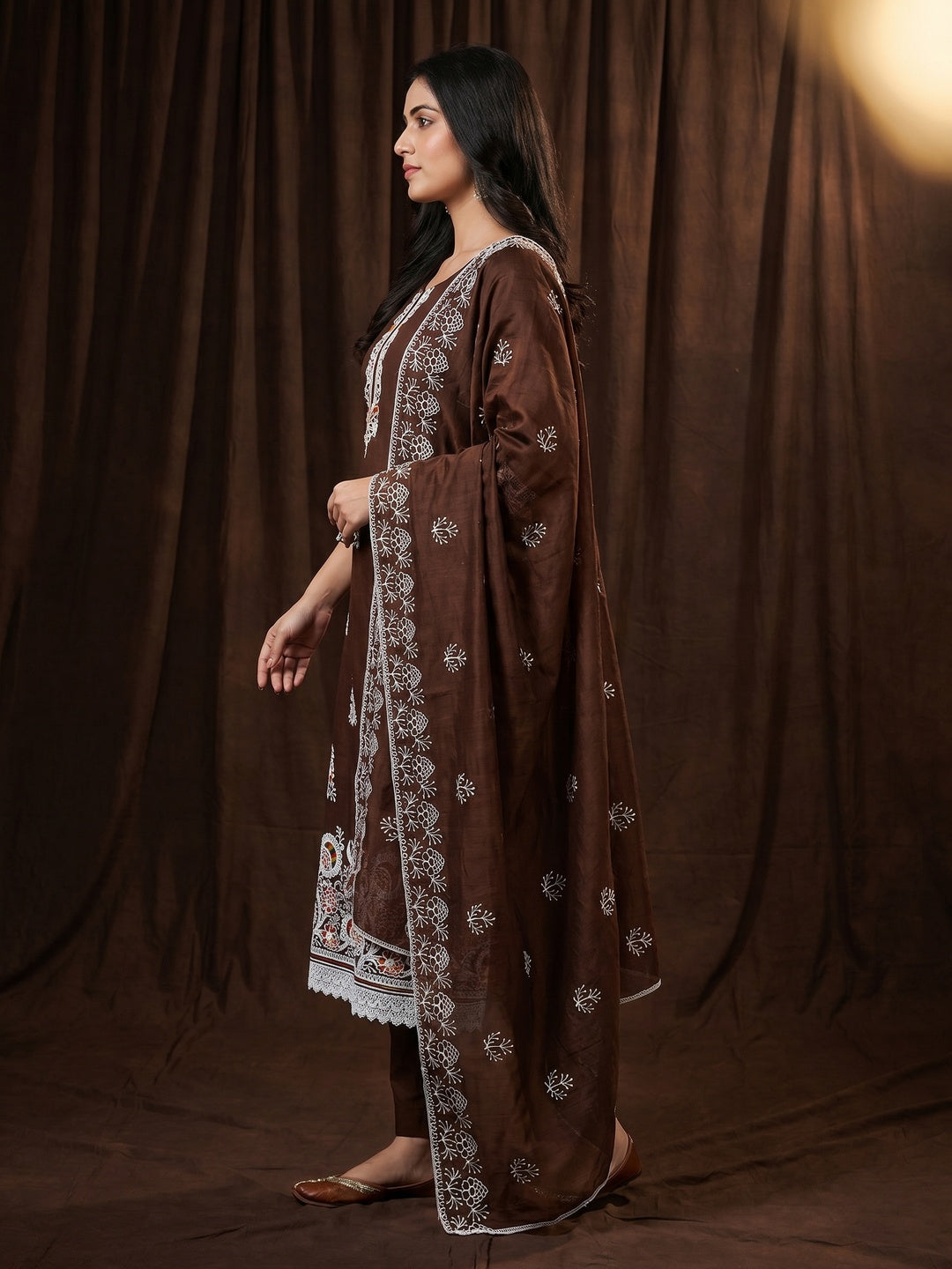Brown Floral Embroidered Chanderi Cotton Dress Material - Image 2