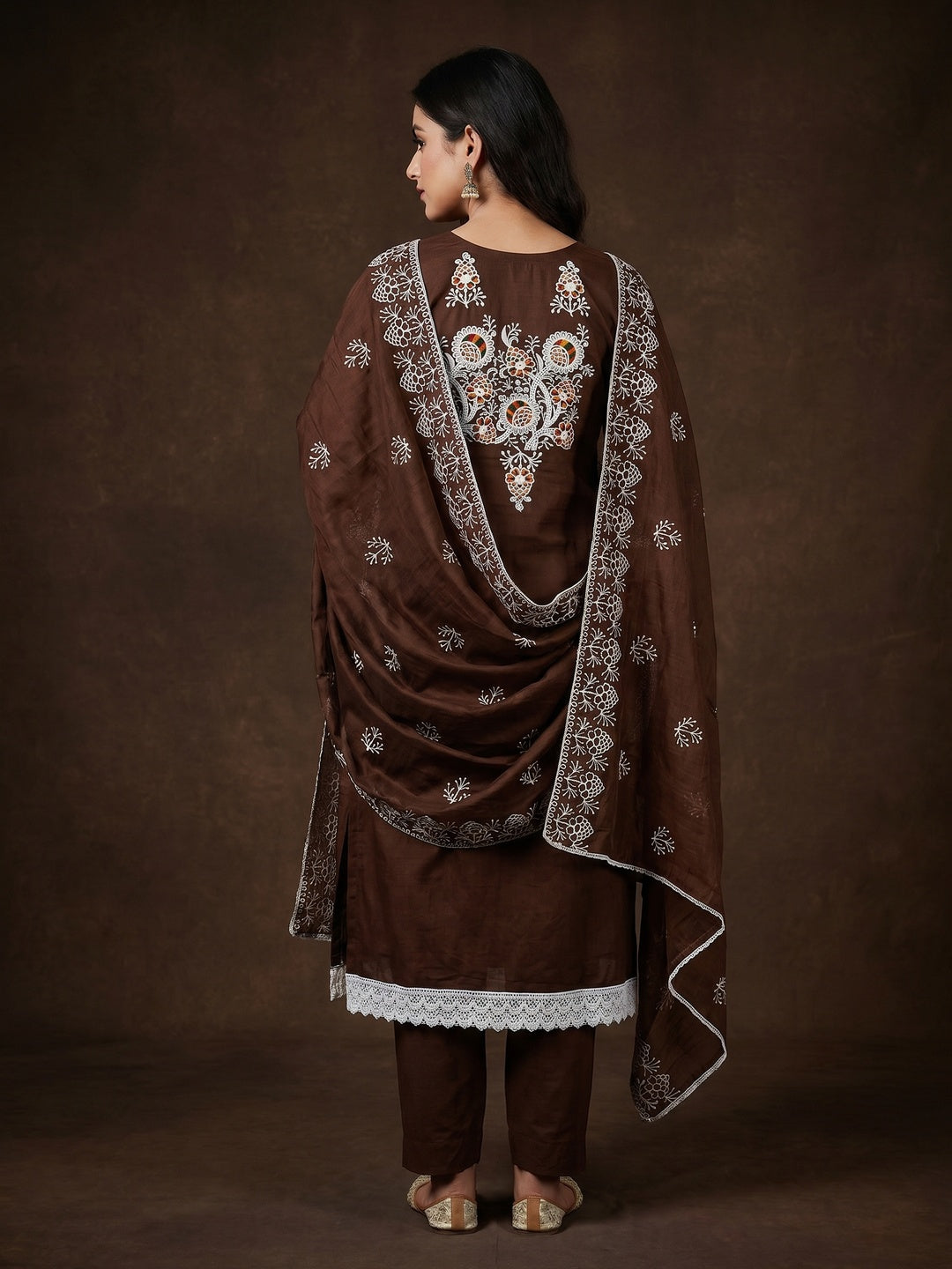 Brown Floral Embroidered Chanderi Cotton Dress Material - Image 3