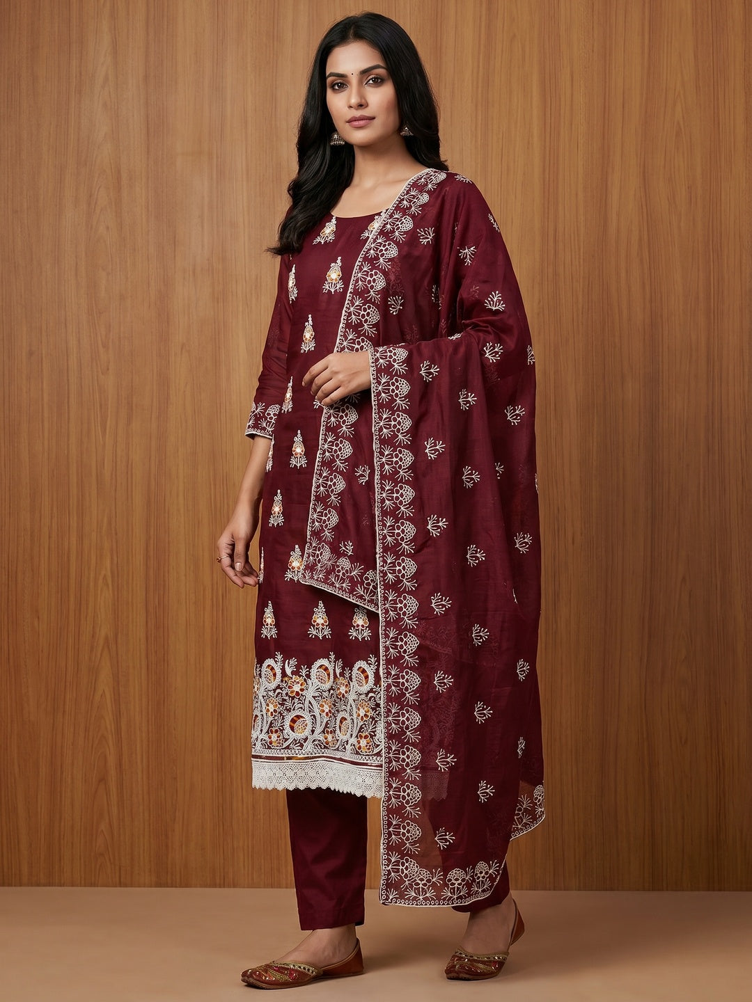 Maroon Floral Embroidered Chanderi Cotton Dress Material - Image 1