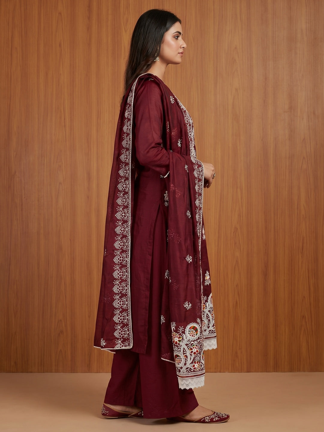 Maroon Floral Embroidered Chanderi Cotton Dress Material - Image 3