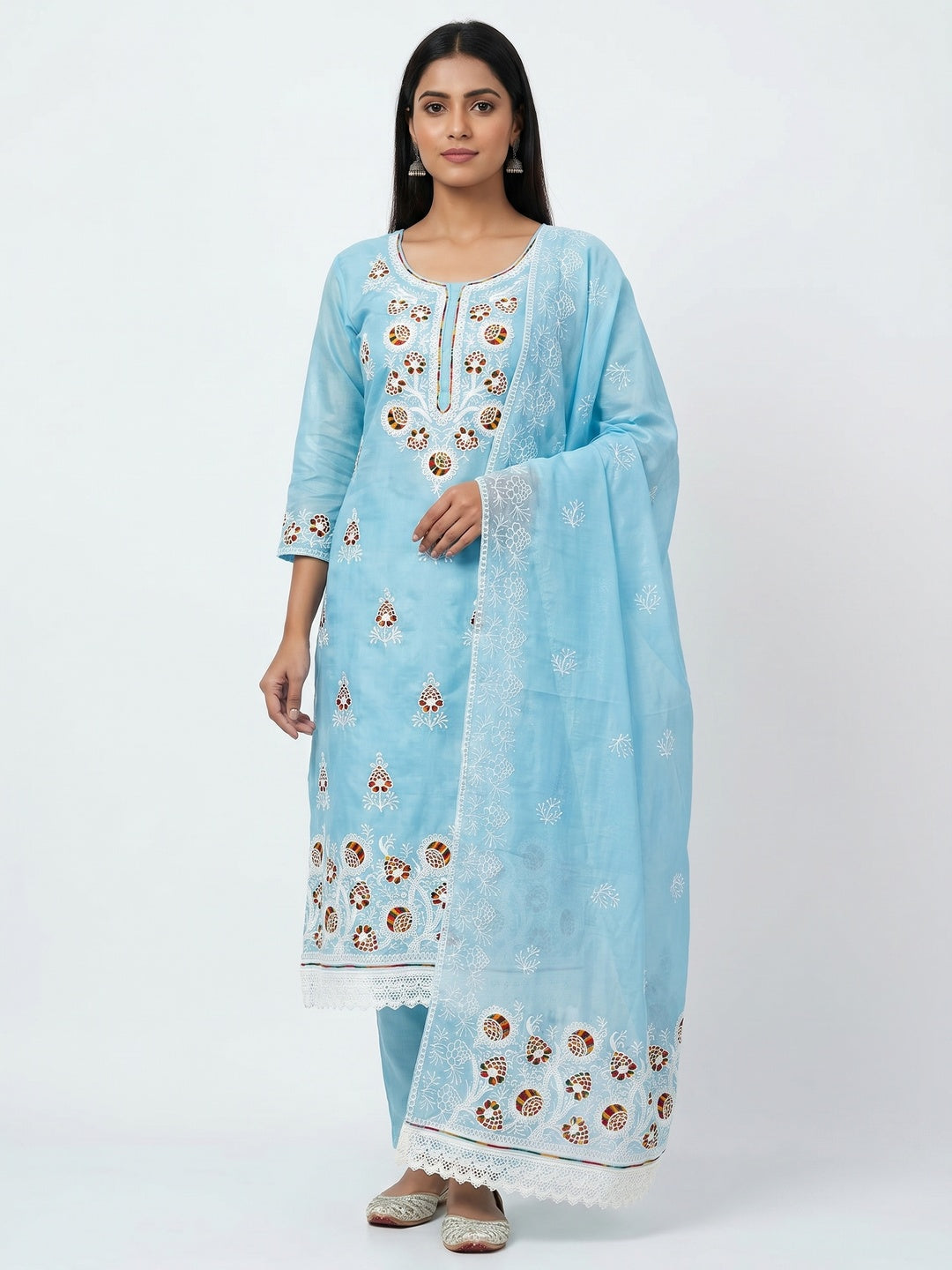Blue Floral Embroidered Chanderi Cotton Dress Material - Image 1