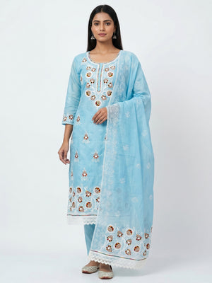 Blue Floral Embroidered Chanderi Cotton Dress Material - Image 1
