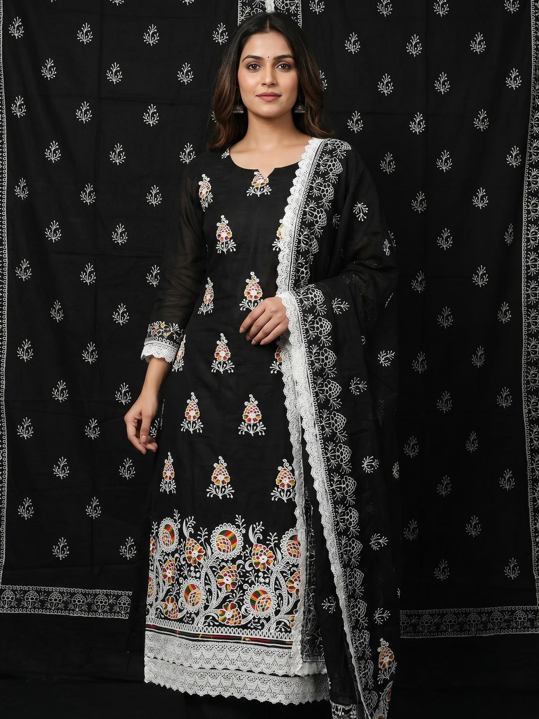 Black Floral Embroidered Chanderi Cotton Dress Material - Image 1