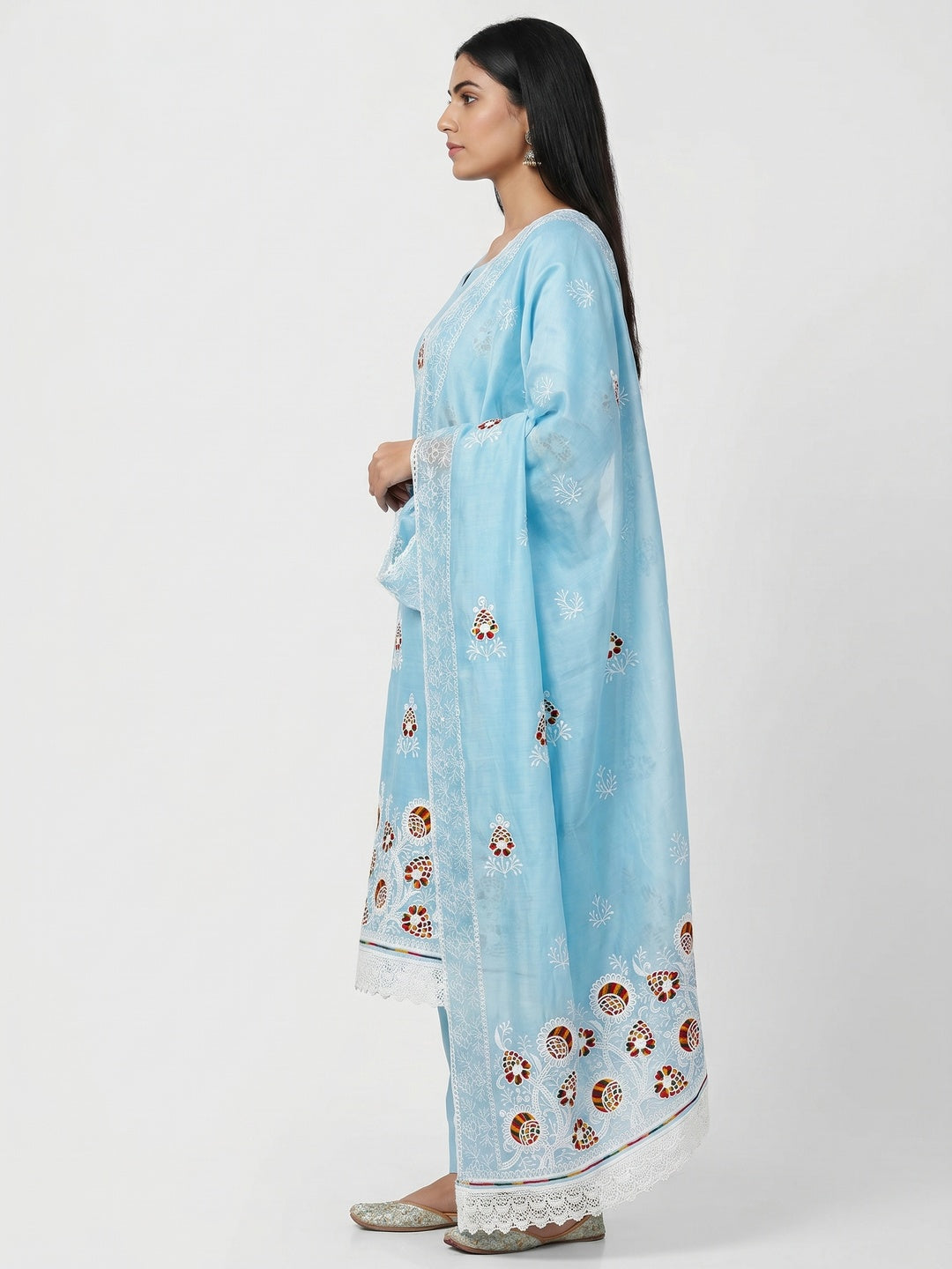 Blue Floral Embroidered Chanderi Cotton Dress Material - Image 3