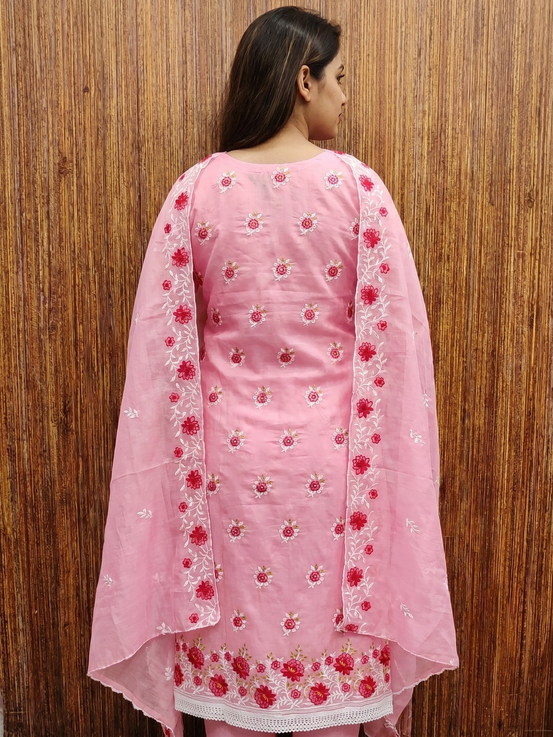 Pink Floral Embroidered Chanderi Cotton Dress Material - Image 3