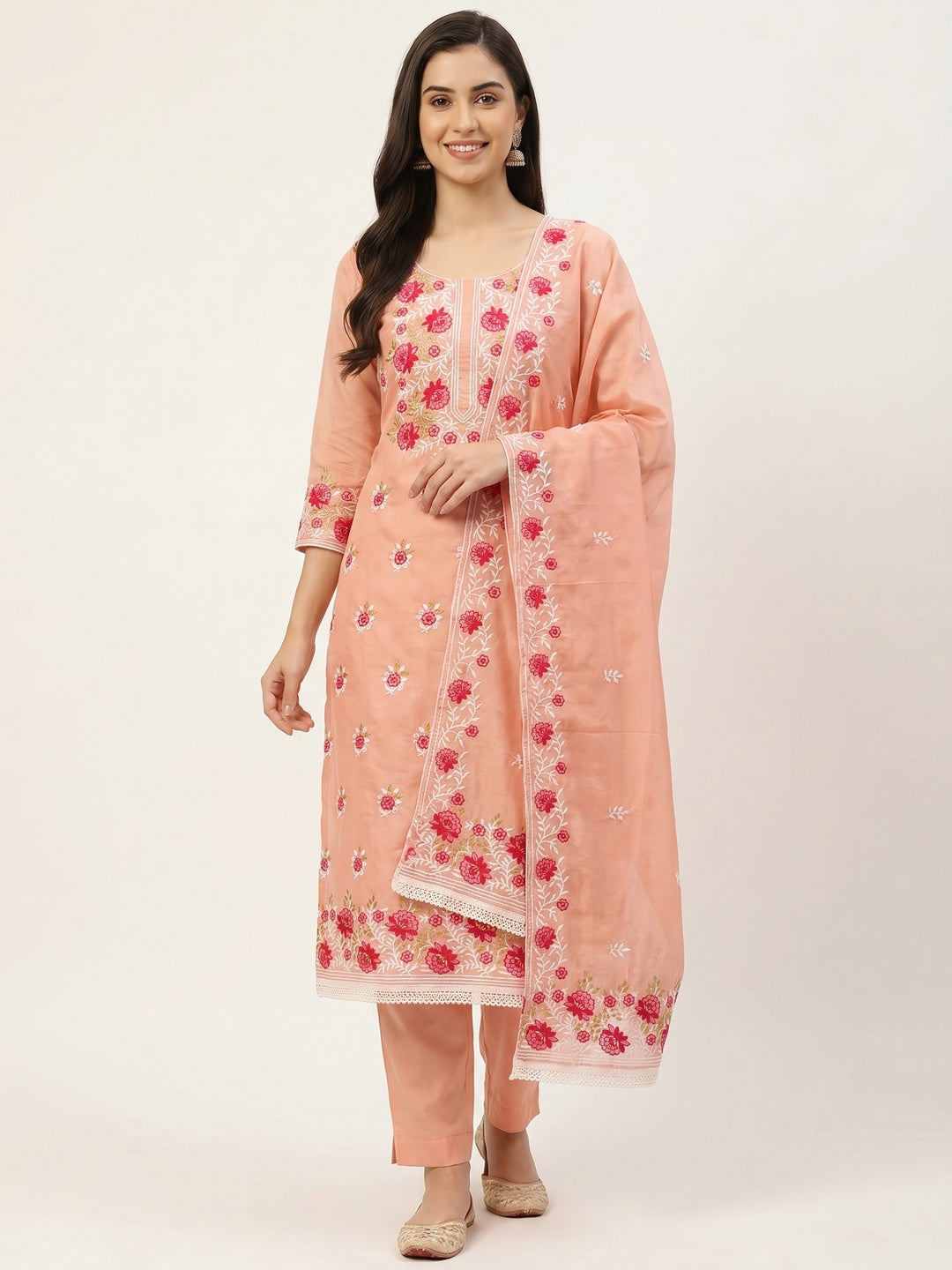 Peach Floral Embroidered Chanderi Cotton Dress Material - Image 1