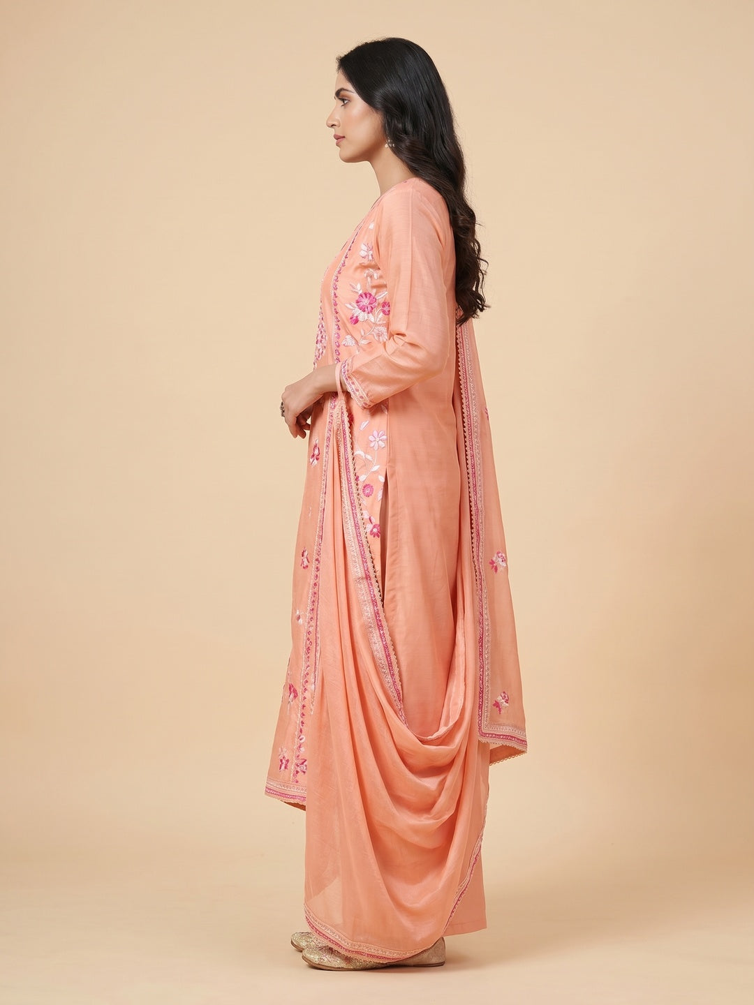 Peach Floral Embroidered Chanderi Cotton Dress Material - Image 2