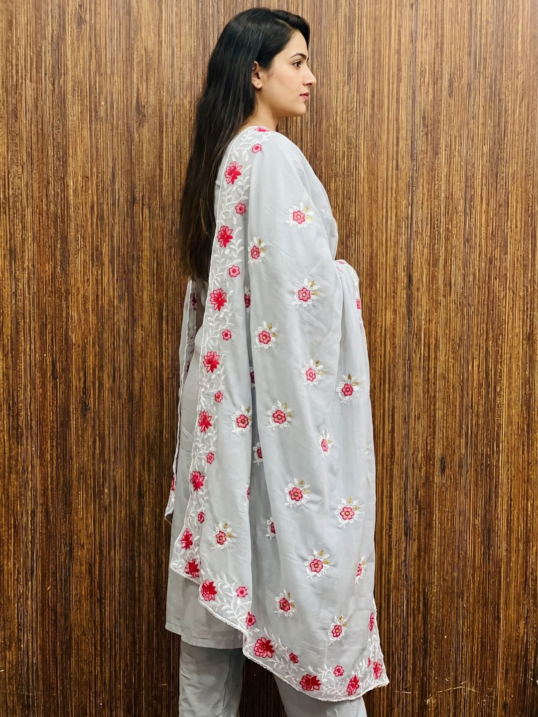 Grey Floral Embroidered Chanderi Cotton Dress Material - Image 3