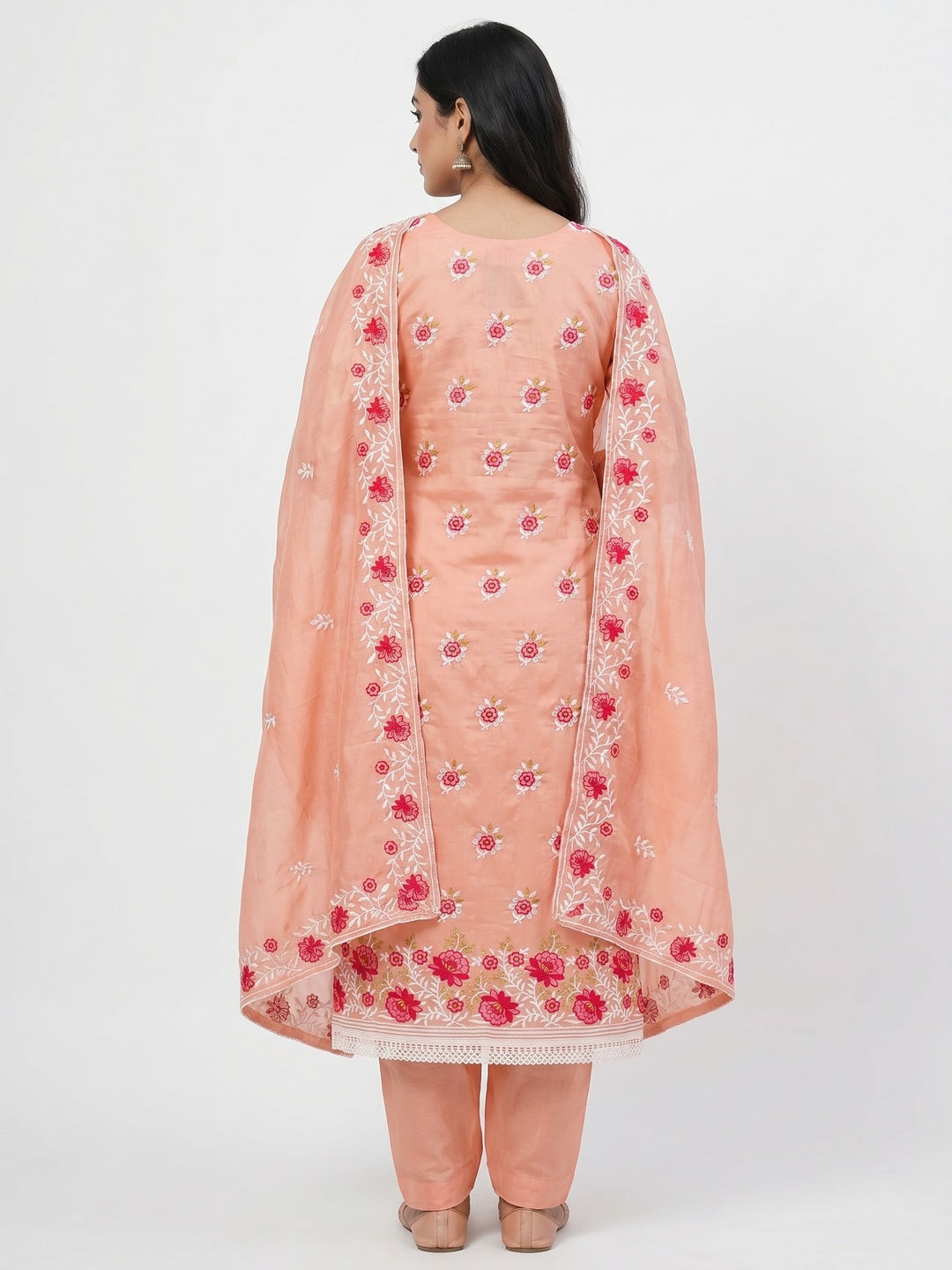 Peach Floral Embroidered Chanderi Cotton Dress Material - Image 3