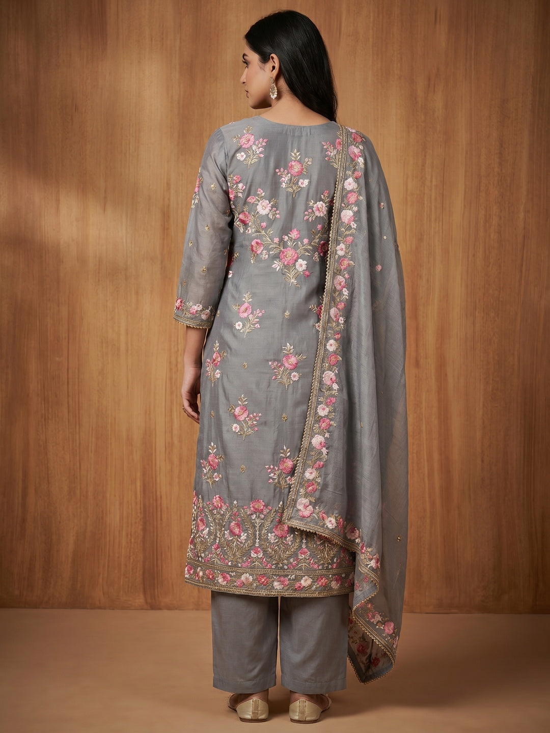 Grey Floral Embroidered Chanderi Cotton Dress Material - Image 2