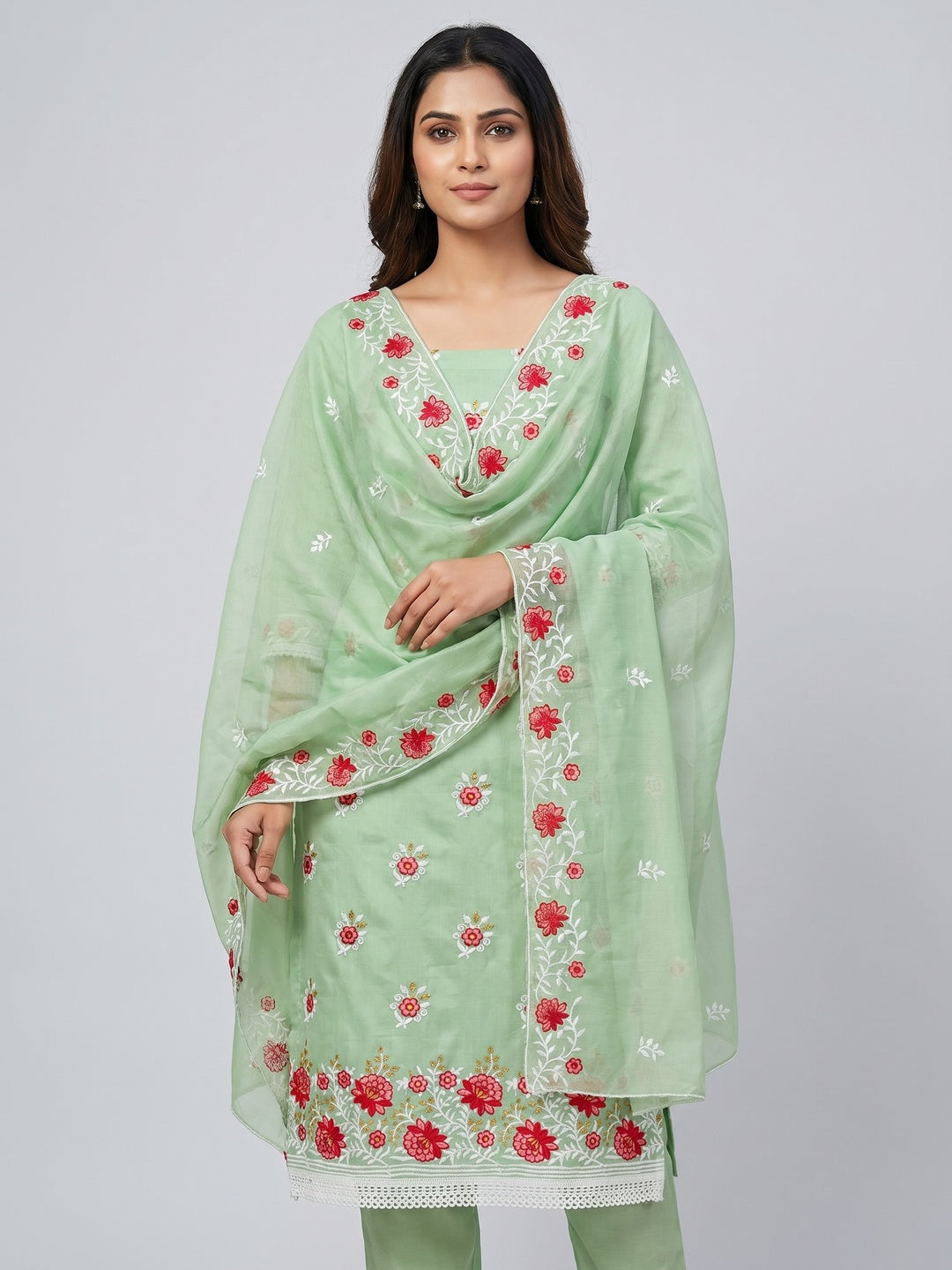 Pista Green Floral Embroidered Chanderi Cotton Dress Material - Image 1