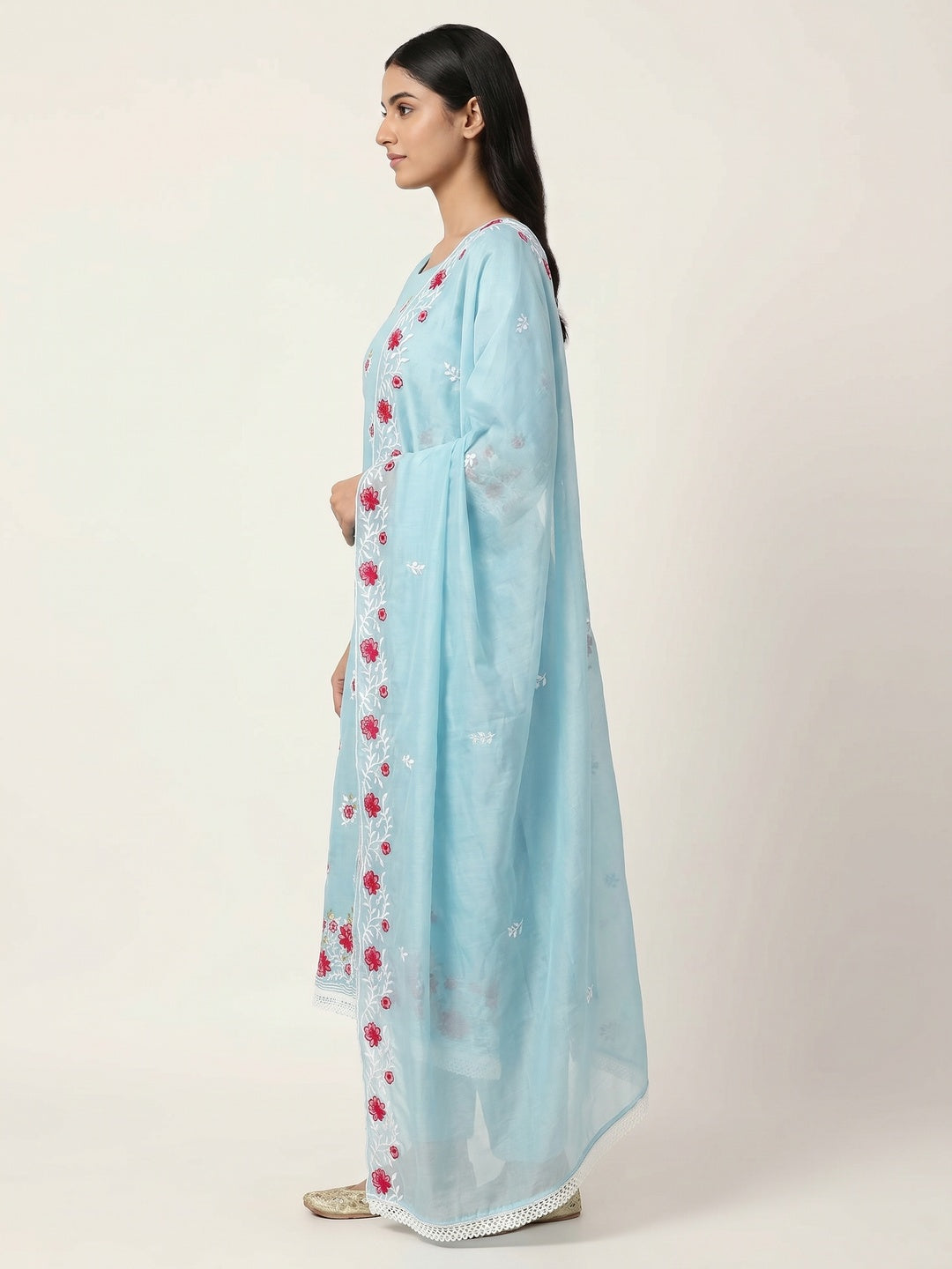 Blue Floral Embroidered Chanderi Cotton Dress Material - Image 2