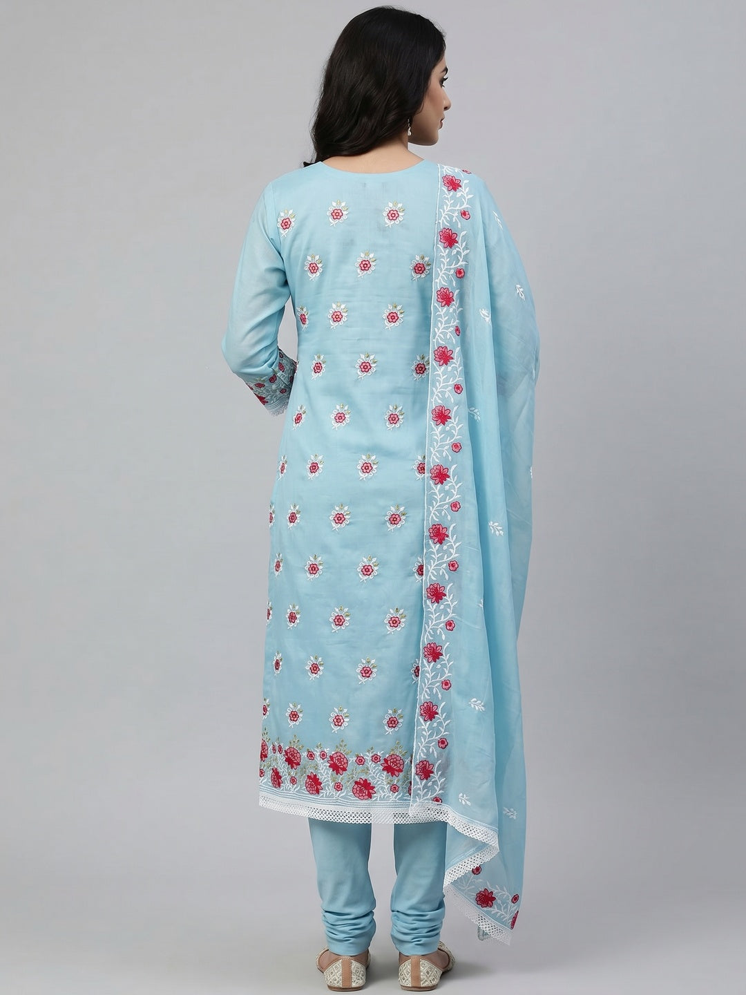 Blue Floral Embroidered Chanderi Cotton Dress Material - Image 3