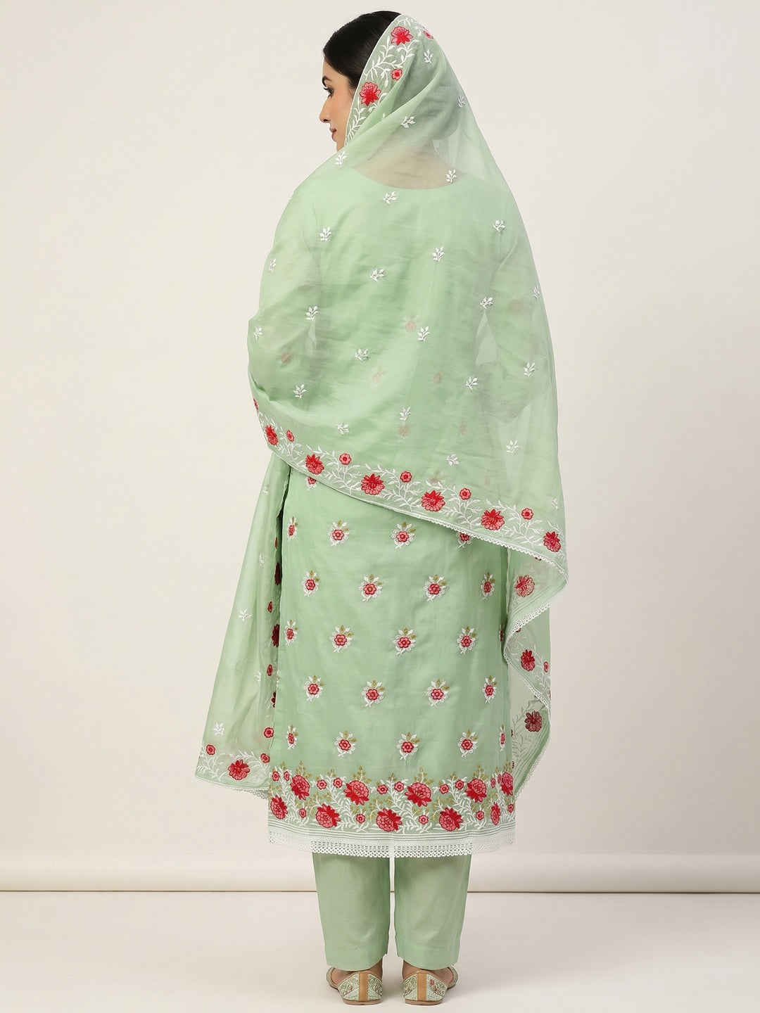 Pista Green Floral Embroidered Chanderi Cotton Dress Material - Image 2