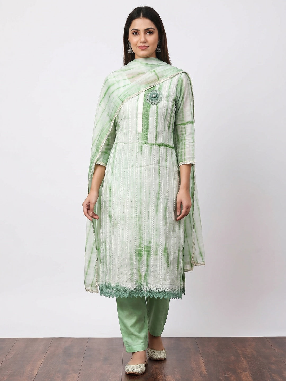 Green Sequins Embroidered Chanderi Cotton Dress Material - Image 1