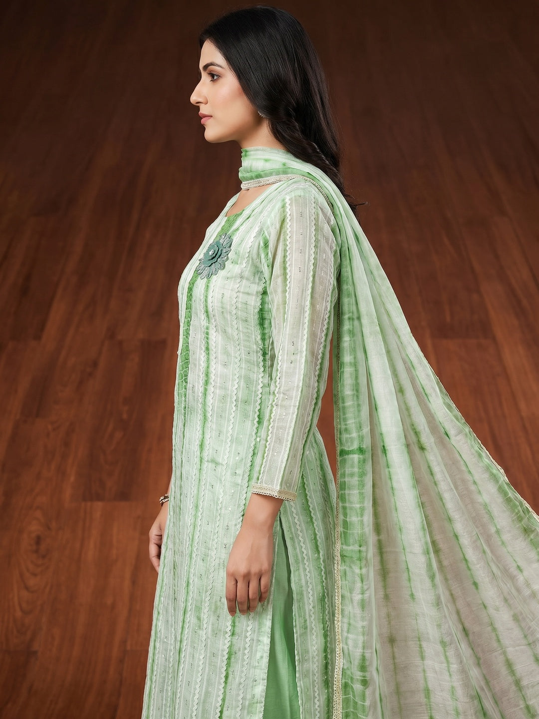 Green Sequins Embroidered Chanderi Cotton Dress Material - Image 2
