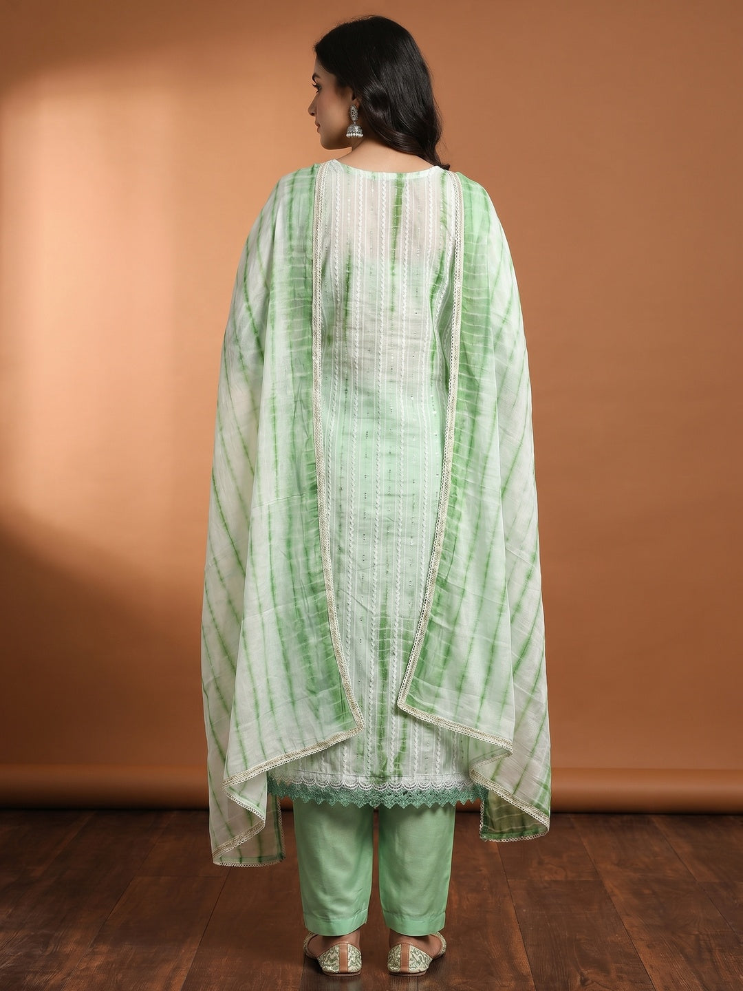 Green Sequins Embroidered Chanderi Cotton Dress Material - Image 3