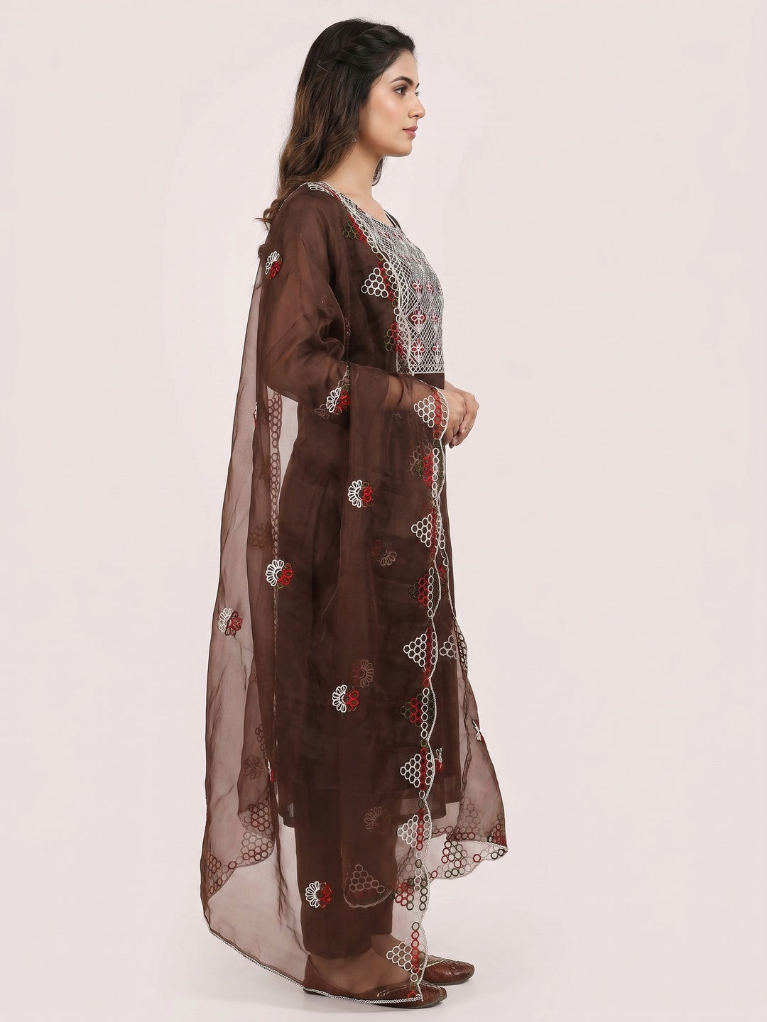 Brown Floral Embroidered Organza Dress Material - Image 2